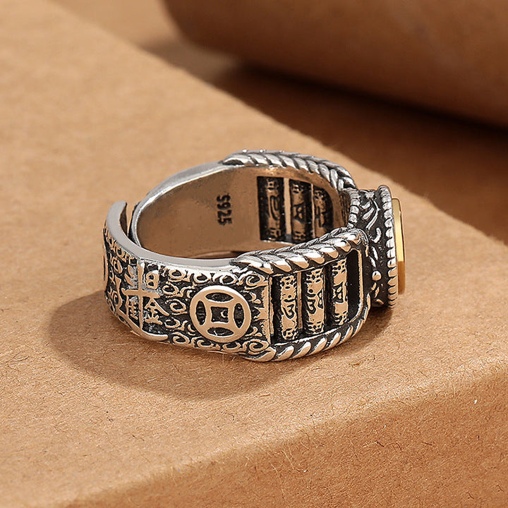 BWOOOH Tibetan Om Mani Padme Hum Carved Design Copper Coin Purity Rotatable Ring
