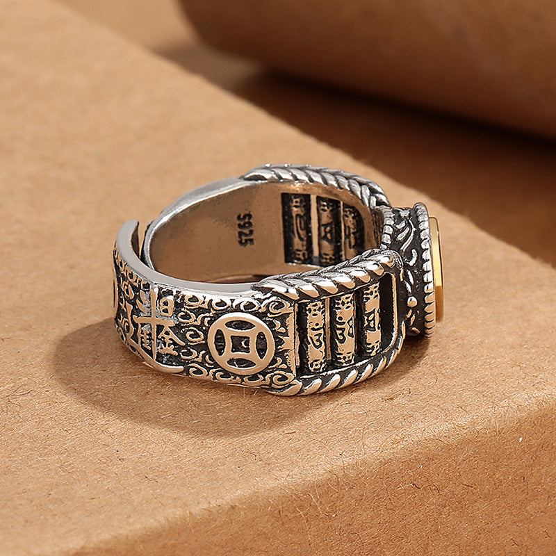 BWOOOH Tibetan Om Mani Padme Hum Carved Design Copper Coin Purity Rotatable Ring