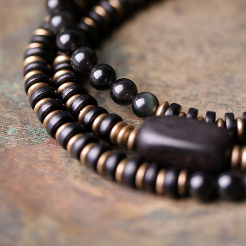 BWOOOH Rainbow Obsidian Ebony Wood Copper Healing Triple Wrap Bracelet