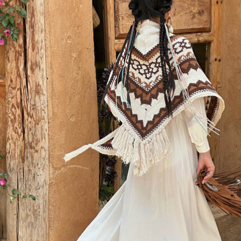 BWOOOH Tibetan Striped Brown Beige Tassel Shawl Winter Co