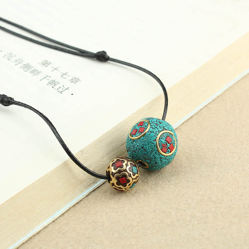 BWOOOH Tibetan Turquoise Double Bead Protection Strength Necklace Pendant - Tibetan Buddhist necklace