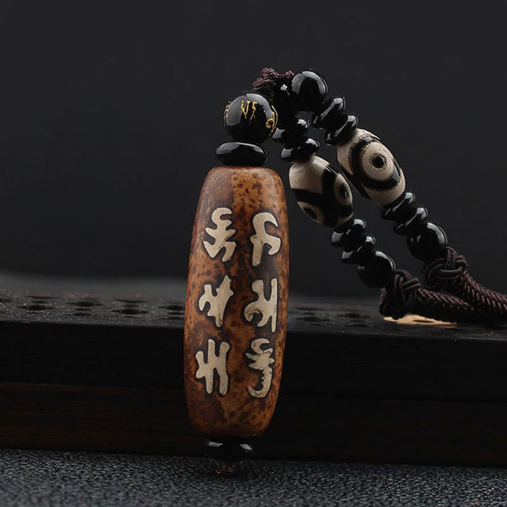 BWOOOH Tibet Om Mani Padme Hum Dzi Bead Avalokitesvara Pattern Wealth Necklace Pendant
