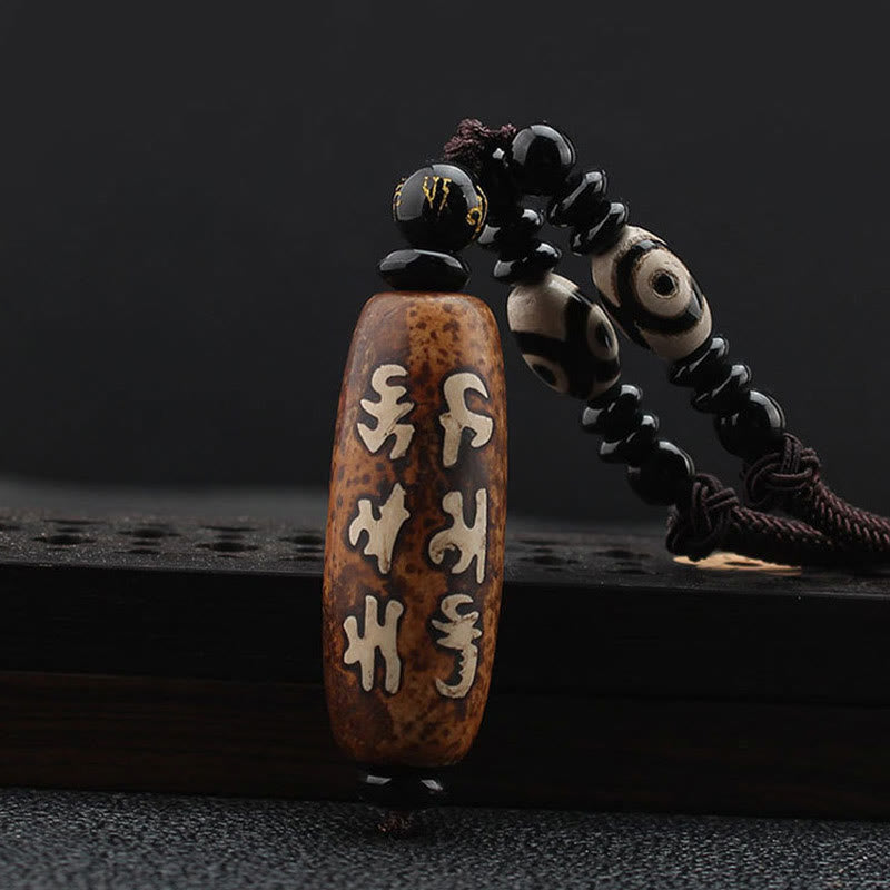 BWOOOH Tibet Om Mani Padme Hum Dzi Bead Avalokitesvara Pattern Wealth Necklace Pendant