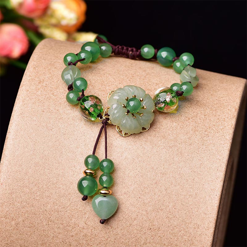 BWOOOH Natural Green Jade Luck Dangling Flower Bracelet