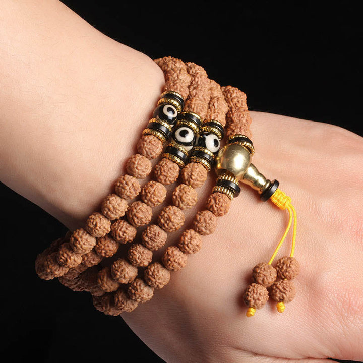 BWOOOH 108 Mala Beads Rudraksha Bodhi Seed Dzi Bead Luck Wealth Bracelet