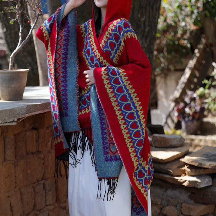 BWOOOH Tibetan Shawl Red Love Heart Tassel Hooded Cloak W