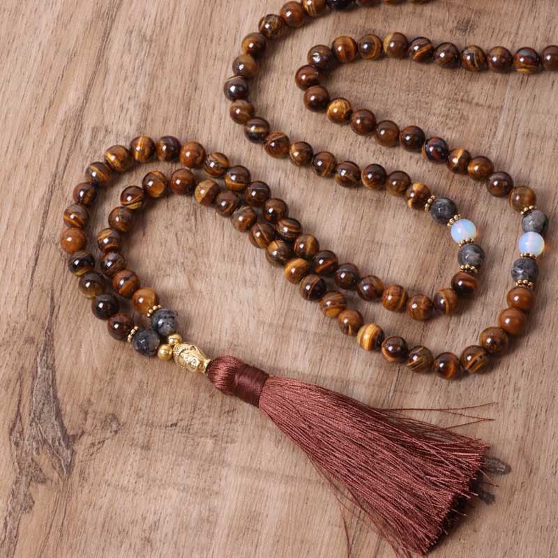 BWOOOH Tibetan Tiger Eye Buddha Strength Power Beaded Tassel Pendant Necklace