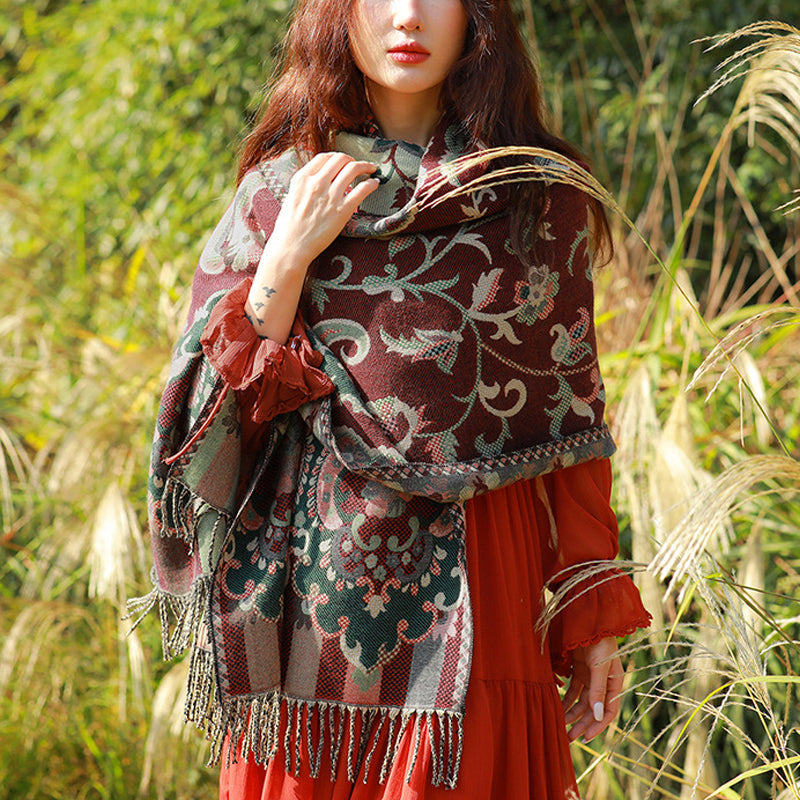 BWOOOH Tibetan Flowers Leaves Branch Design Tassel Shawl 