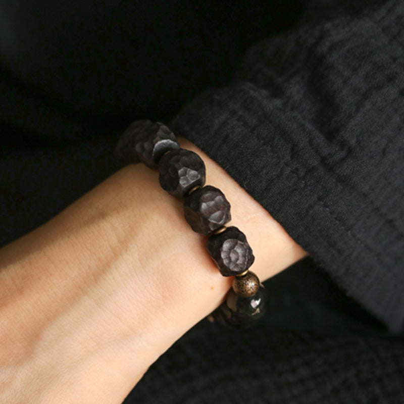 BWOOOH Black Obsidian Ebony Wood Copper Strength Couple Bracelet