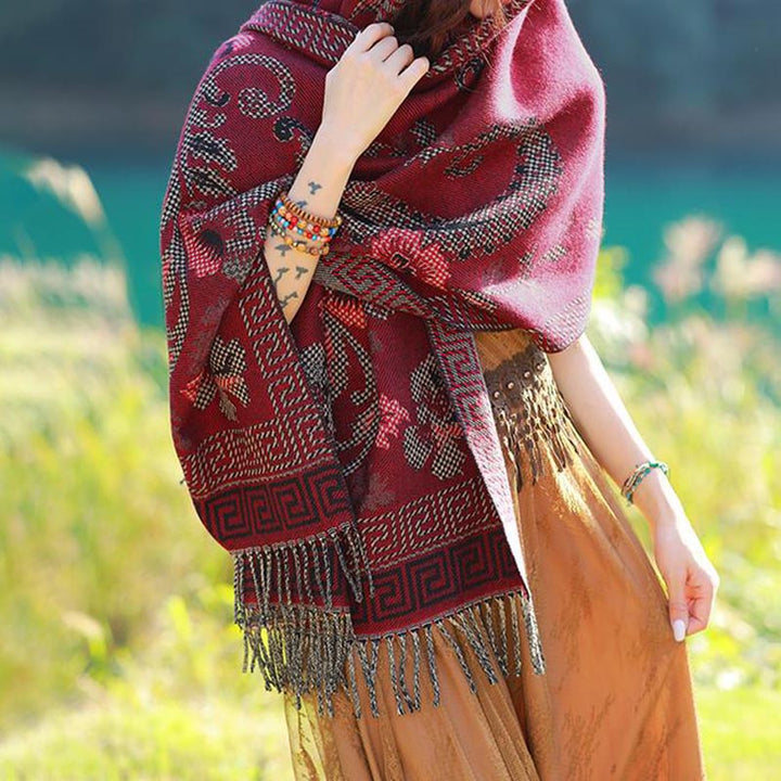 BWOOOH Tibetan Flowers Leaves Pattern Design Shawl Cozy T