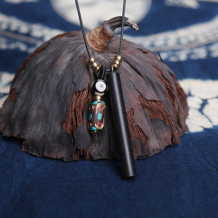 BWOOOH Tibetan Ebony Wood Dzi Bead Peace Calm Necklace Pendant