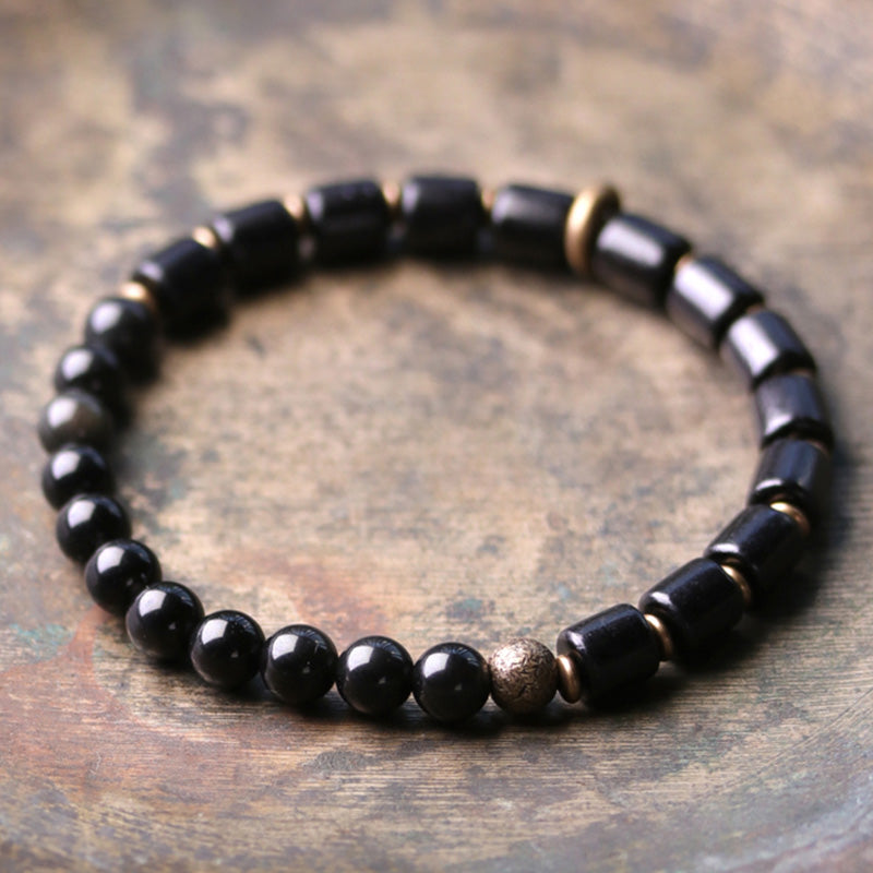 BWOOOH Ebony Wood Red Jasper Moss Agate Crystal Copper Peace Couple Bracelet