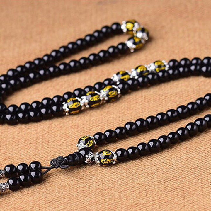 BWOOOH Black Obsidian Six True Words Protection Mala Bracelet