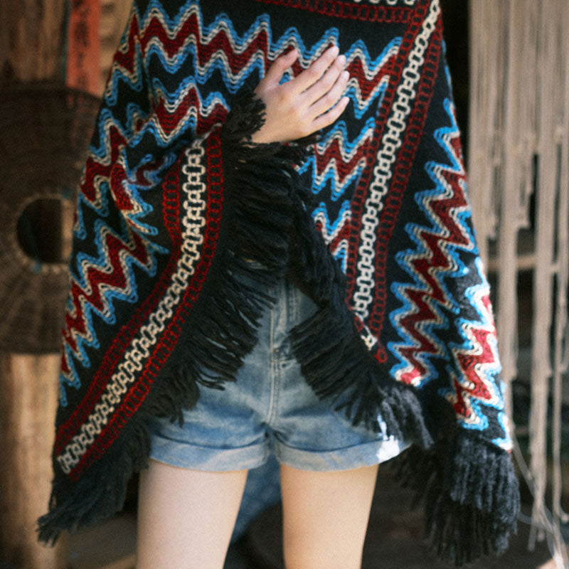 BWOOOH Tibetan Shawl Striped Knitted Tassels Pullover Win