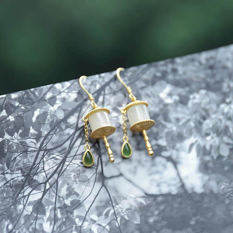 BWOOOH 925 Sterling Silver Jade Prayer Wheel Luck Drop Earrings