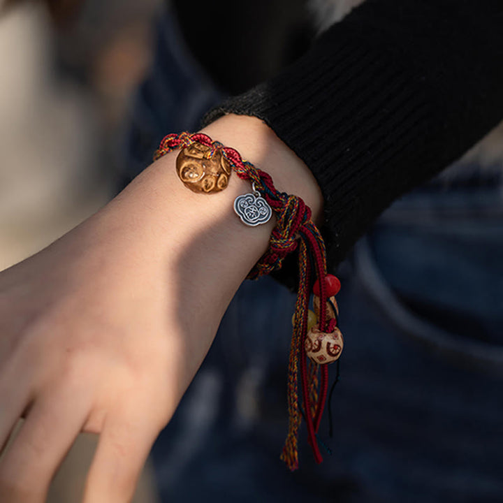 BWOOOH Tibetan Handmade Colorful Thread 925 Sterling Silver Koi Fish Protection Strength String Bracelet