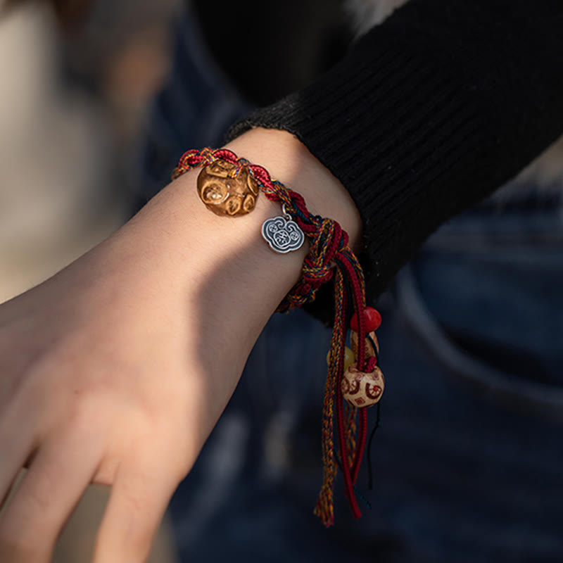 BWOOOH Tibetan Handmade Colorful Thread 925 Sterling Silver Koi Fish Protection Strength String Bracelet