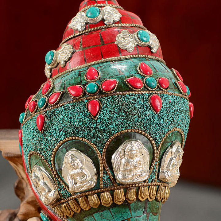 BWOOOH Tibetan Handmade Shankha Om Mani Padme Hum Buddha Avalokitesvara Turquoise Conch | Turquoise