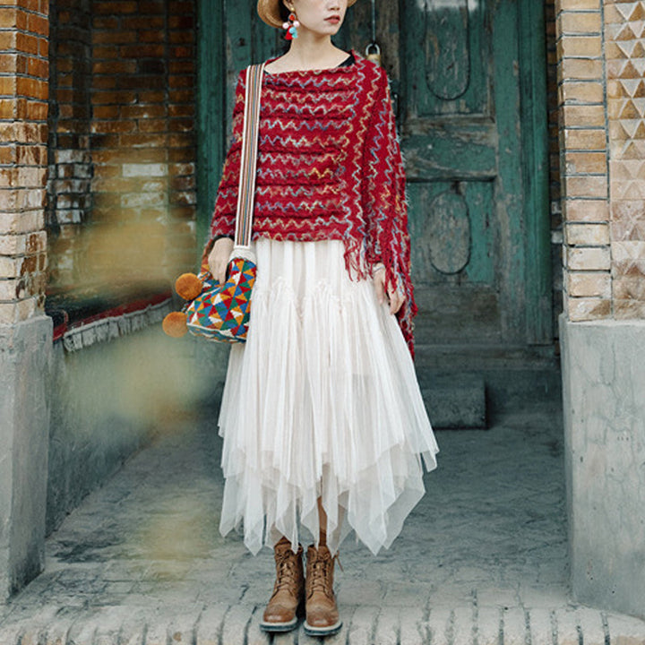 BWOOOH Tibetan Colorful Striped Shawl Tassels Pullover Wi