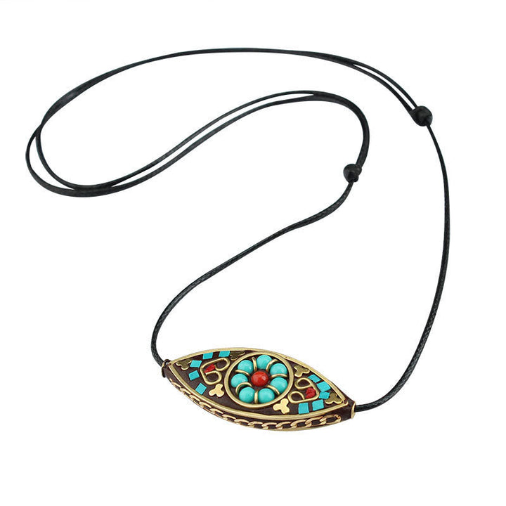 BWOOOH Tibet Turquoise Bead Marquise Pattern Protection Strength Necklace