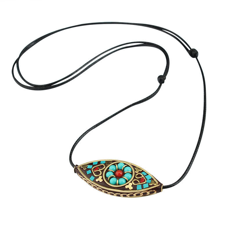 BWOOOH Tibet Turquoise Bead Marquise Pattern Protection Strength Necklace