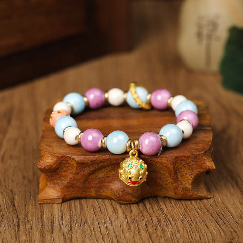 BWOOOH Tibetan Zakiram Goddess of Wealth Rabbit Lion Head Charm Liuli Glass Incense Ash Porcelain Bead Protection Bracelet