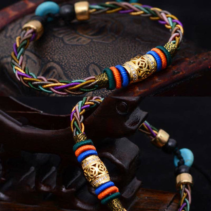 BWOOOH Tibetan Handmade Eight Thread Knot Copper Coin Luck Weave String Bracelet