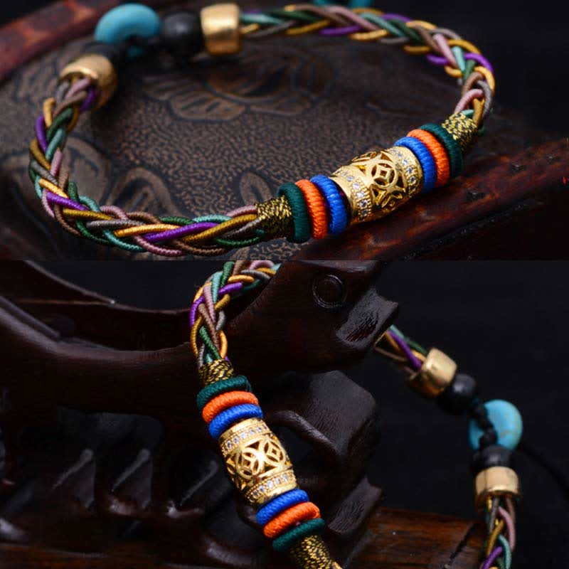 BWOOOH Tibetan Handmade Eight Thread Knot Copper Coin Luck Weave String Bracelet