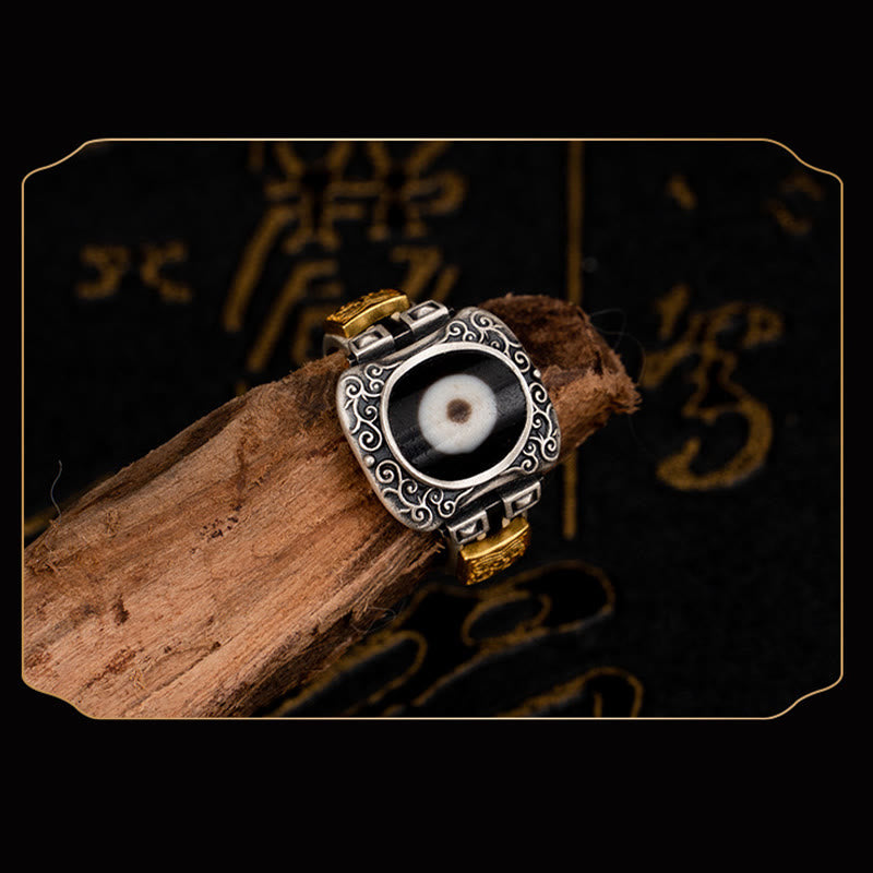 BWOOOH 925 Sterling Silver Zakiram Goddess of Wealth Design Dzi Bead Protection Ring