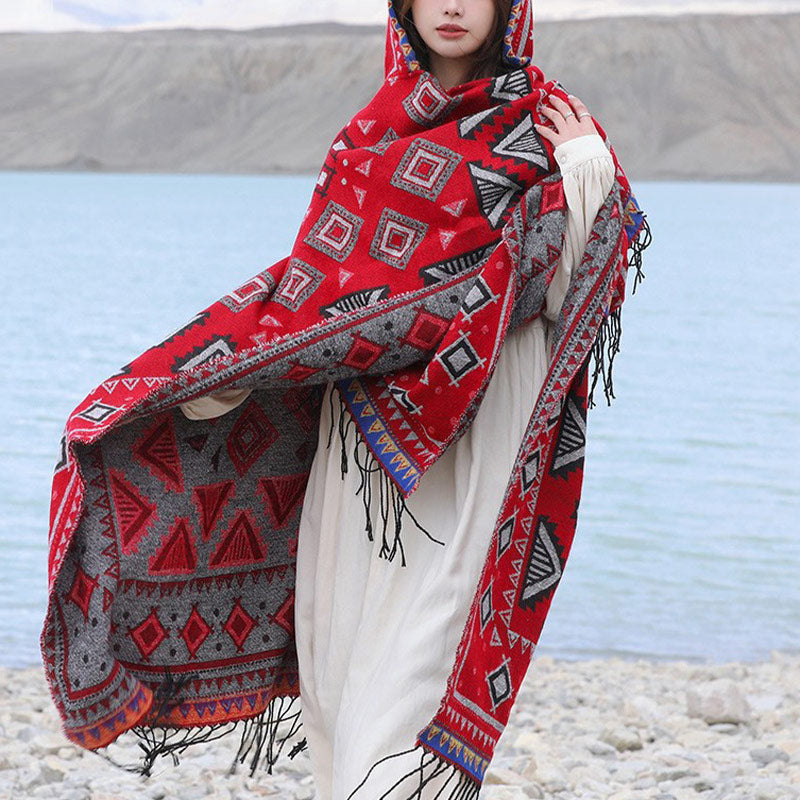BWOOOH Tibetan Shawl Triangle Pattern Hooded Cloak Winter