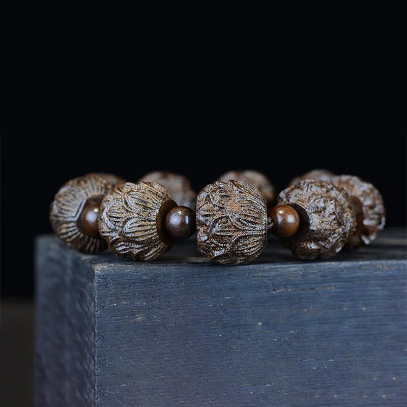 BWOOOH Ebony Wood Eighteen Arhats Lotus Dragon Engraved Balance Bracelet | spiritual healing bracelet