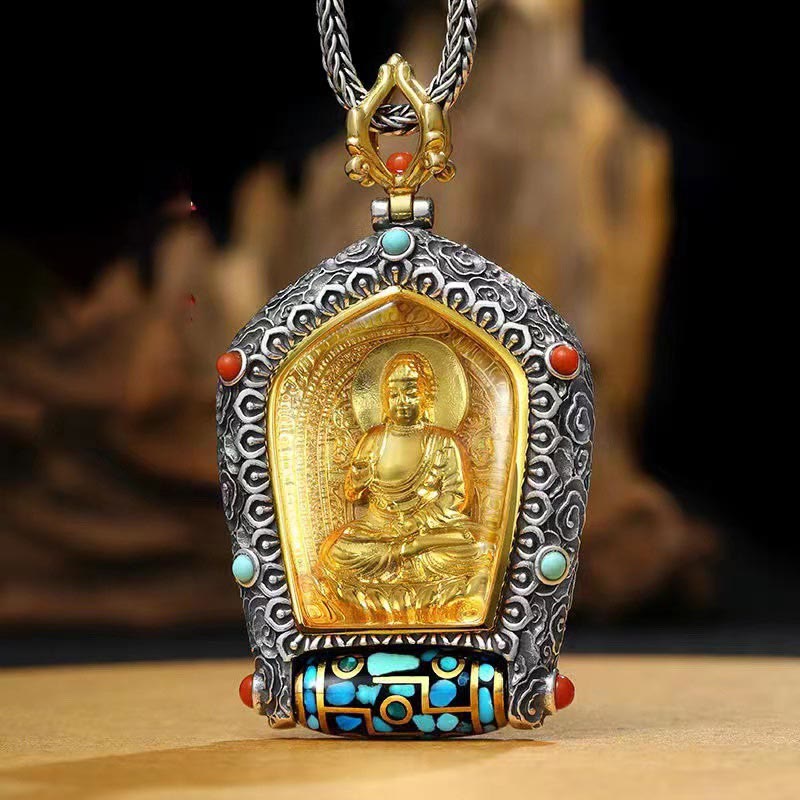 BWOOOH Tibet Chinese Zodiac Natal Buddha Thangka Prosperity Rotatable Dzi Bead Necklace Pendant — dzi beads and rotatable alloy Thangka pendant, Tibetan Buddhist spiritual jewelry