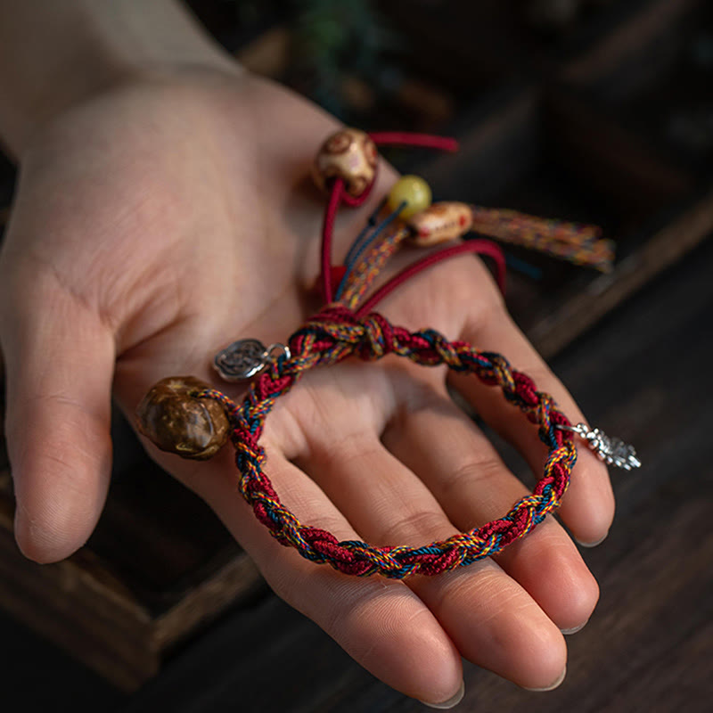 BWOOOH Tibetan Handmade Colorful Thread 925 Sterling Silver Koi Fish Protection Strength String Bracelet