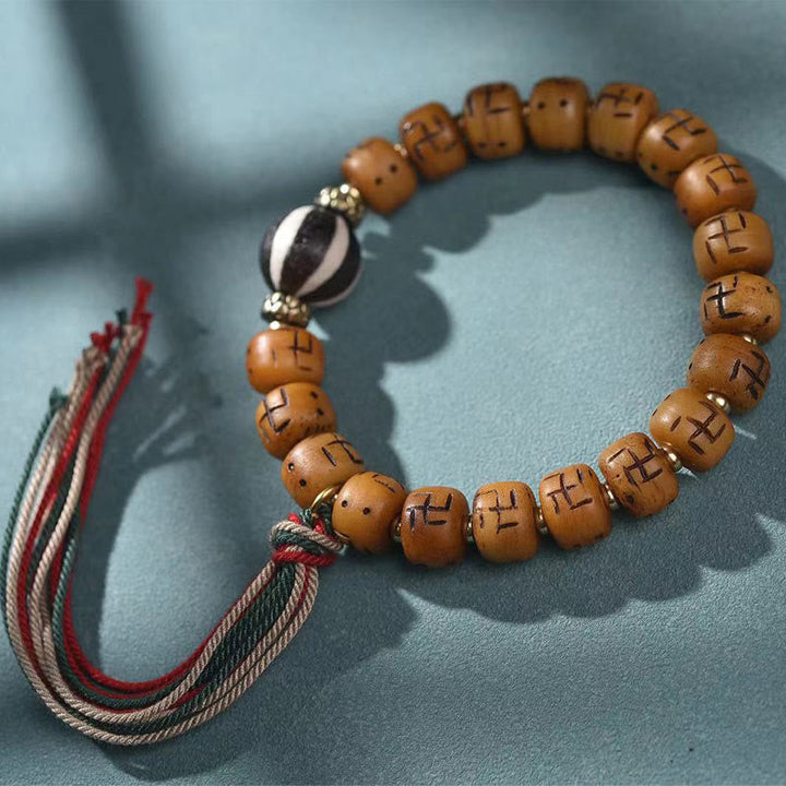 BWOOOH Natural Tibetan Camel Bone Swastika Dzi Bead Shankha Buddha Charm Kirtimukha Luck Protection Tassel Bracelet