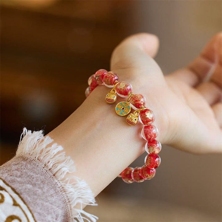BWOOOH Gold Swallowing Beast Copper Coin Good Luck Charm Liuli Glass Bead Fortune Bracelet