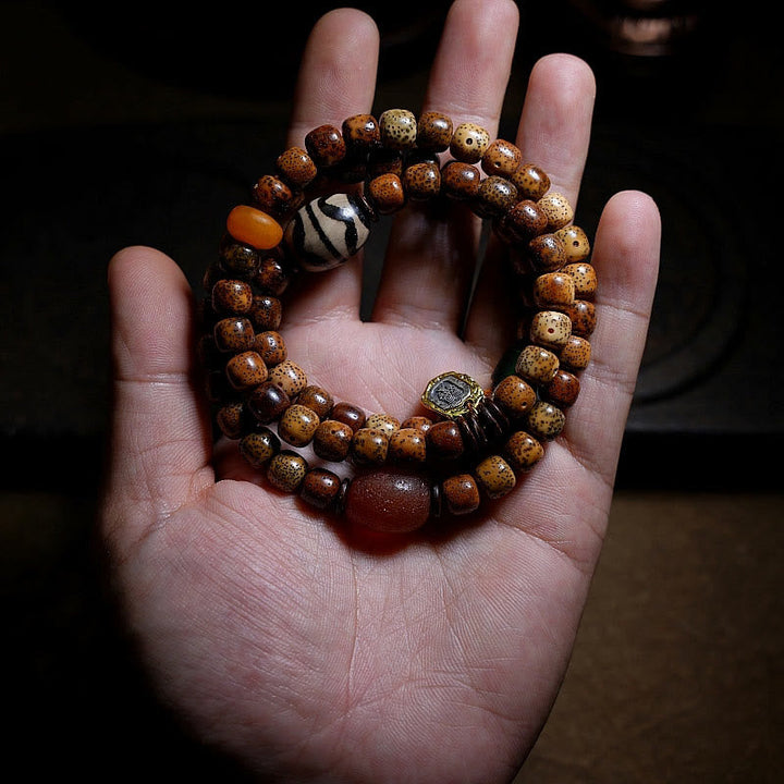 BWOOOH Tibetan Bodhi Seed Amber Dzi Bead Agate Zakiram Goddess of Wealth Beads Triple Wrap Bracelet