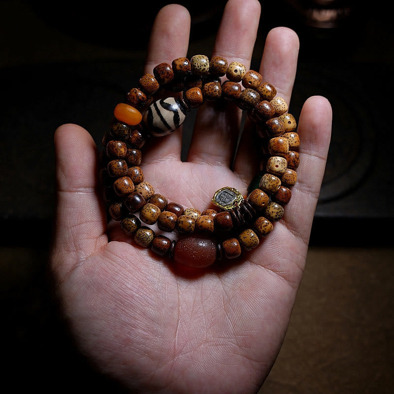 BWOOOH Tibetan Bodhi Seed Amber Dzi Bead Agate Zakiram Goddess of Wealth Beads Triple Wrap Bracelet