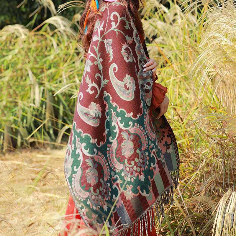 BWOOOH Tibetan Flowers Leaves Branch Design Tassel Shawl 