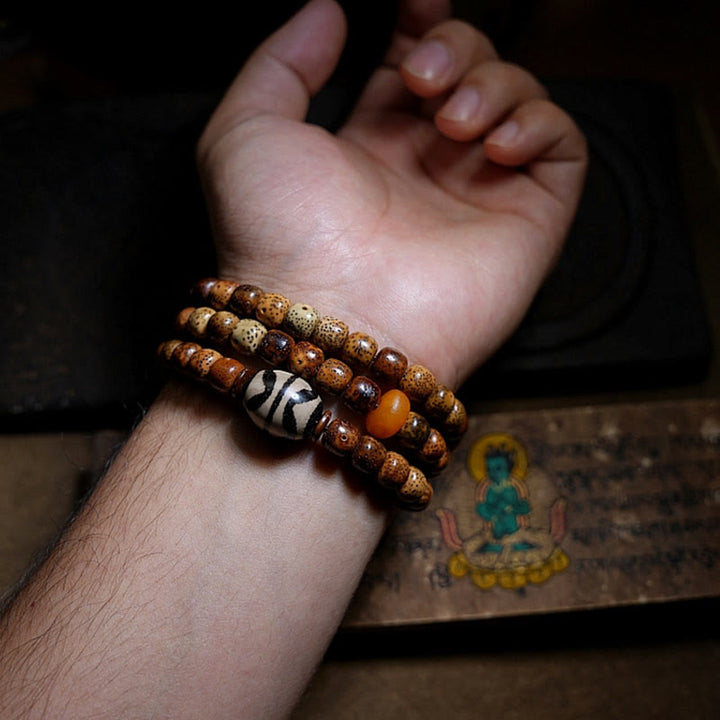 BWOOOH Tibetan Bodhi Seed Amber Dzi Bead Agate Zakiram Goddess of Wealth Beads Triple Wrap Bracelet