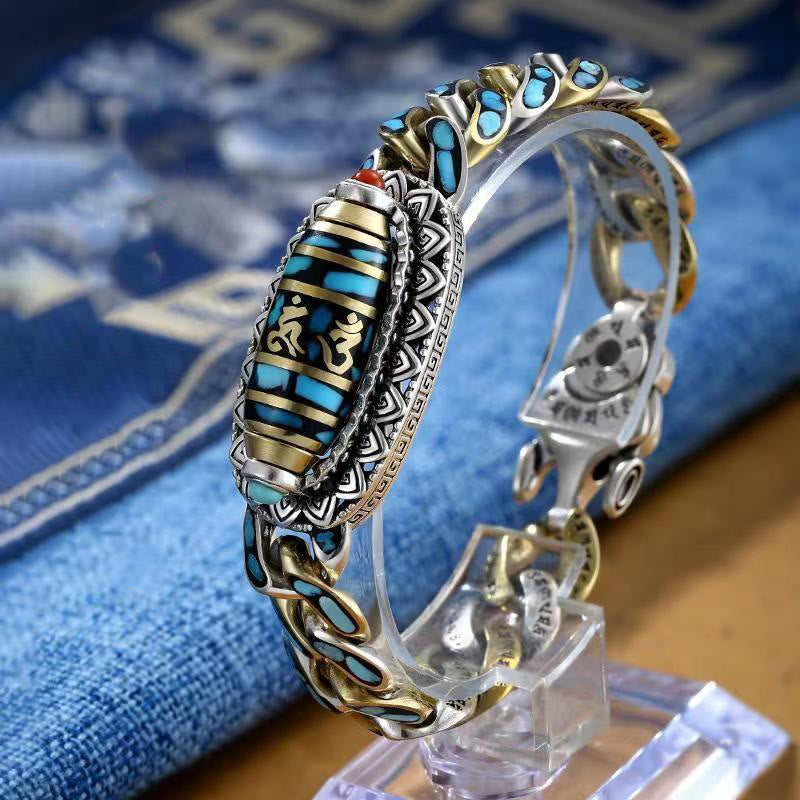 BWOOOH Tibetan Nine-Eye Dzi Bead Om Mani Padme Hum Turquoise Protection Rotatable Bracelet