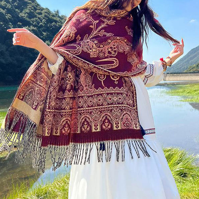 BWOOOH Vintage Tibetan Leaves Pattern Design Shawl Cozy T