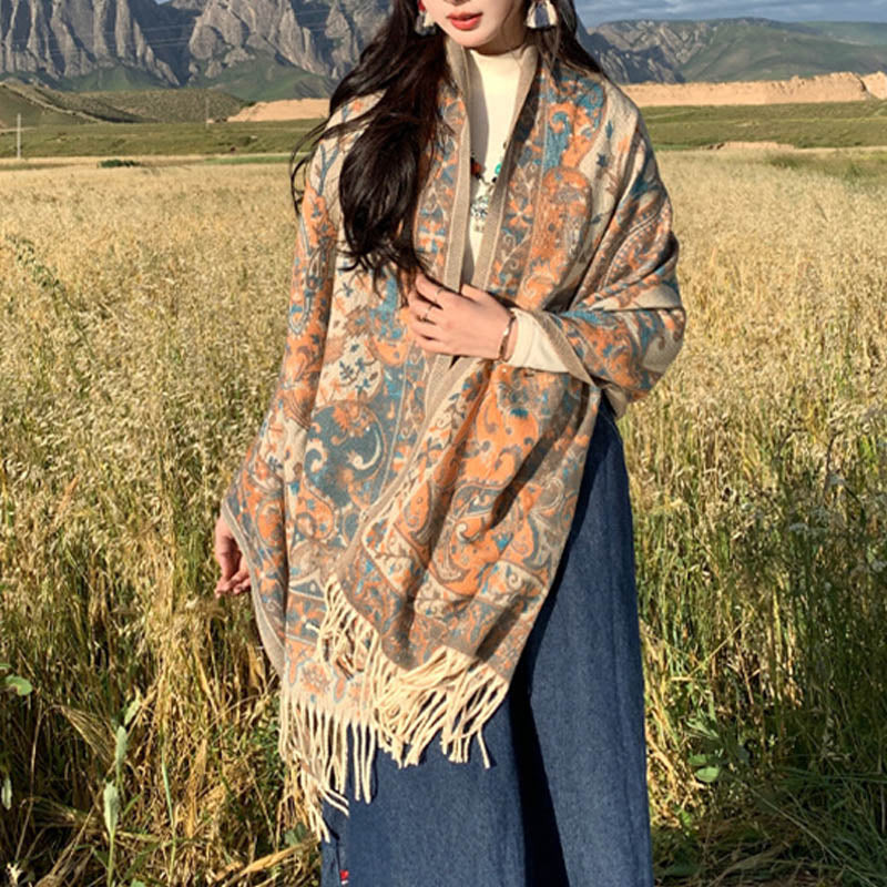 BWOOOH Tibetan Flower Branch Tassel Shawl Cozy Travel Sca