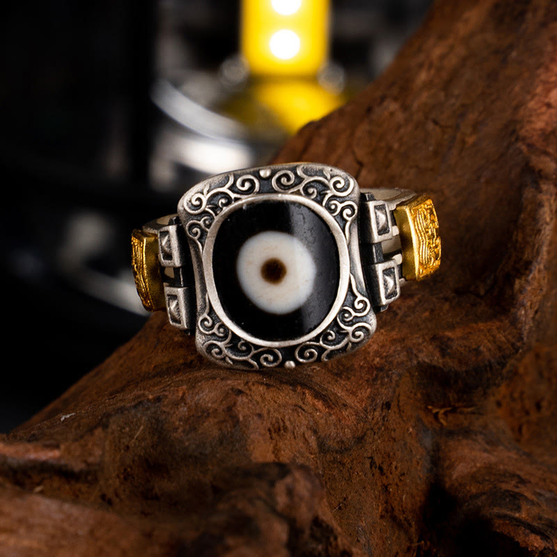 BWOOOH 925 Sterling Silver Zakiram Goddess of Wealth Design Dzi Bead Protection Ring