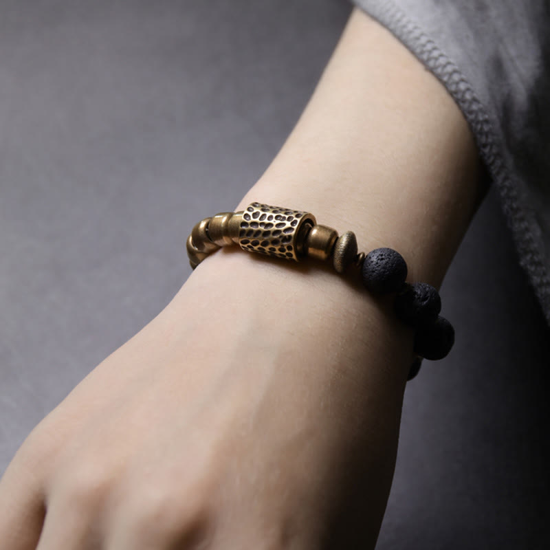 BWOOOH Lava Rock Stone Rainbow Obsidian Brass Support Healing Bracelet
