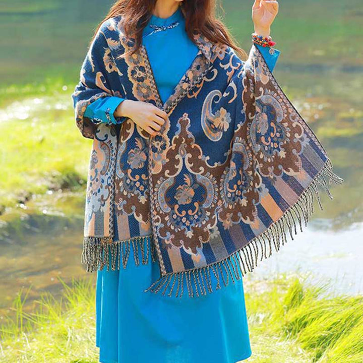 BWOOOH Tibetan Flowers Leaves Branch Design Tassel Shawl 
