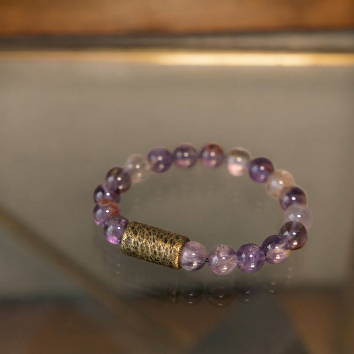 BWOOOH White Crystal Red Hematoid Quartz Gold Rutilated Quartz Purple Phantom Protection Bracelet