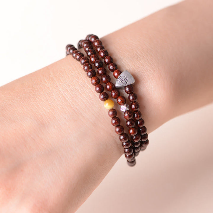 BWOOOH 925 Sterling Silver Indian Small Leaf Red Sandalwood Fu Character Protection Triple Wrap Bracelet