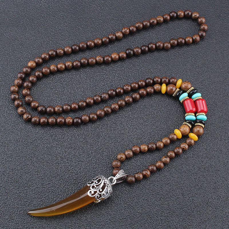 BWOOOH Wenge Wood Turquoise Stone Horn Style Protection Meditation Necklace Pendant