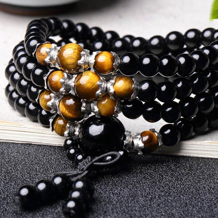 BWOOOH 108 Beads Natural Black Obsidian Tiger Eye Red Agate Mala Bracelet