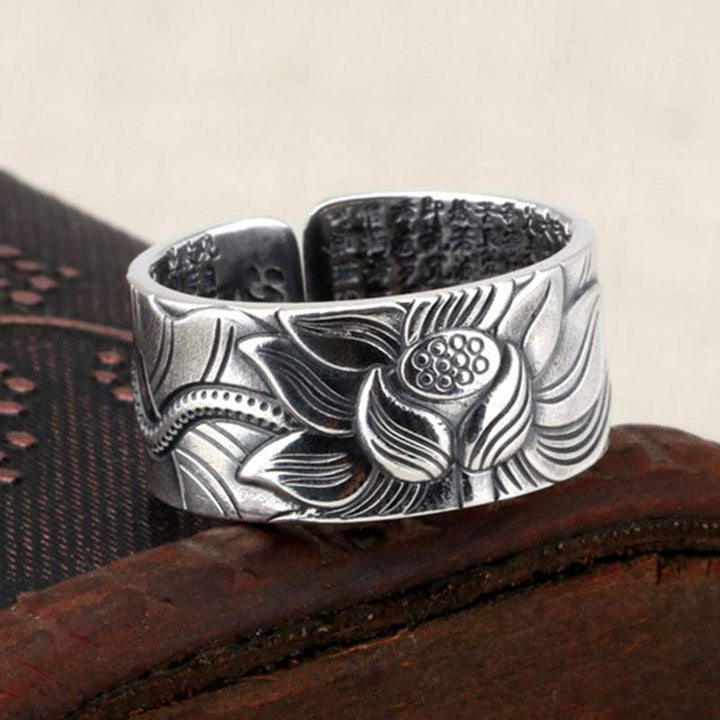 BWOOOH 999 Sterling Silver Lotus Symbol Heart Sutra Protection Ring